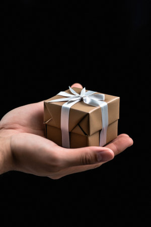Hand holding a gift box with a white ribbon on a black background.の素材