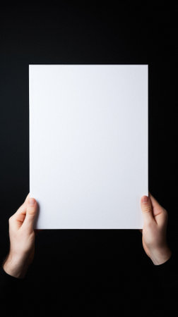 Hands holding blank paper on black background. Mockup for design.の素材