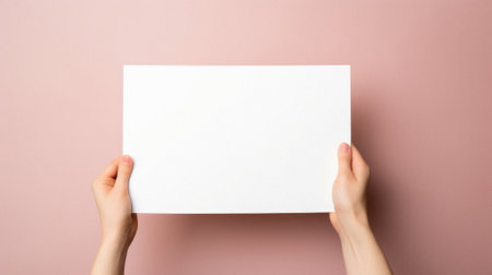 Female hands holding a blank white sheet of paper on a pink background.の素材
