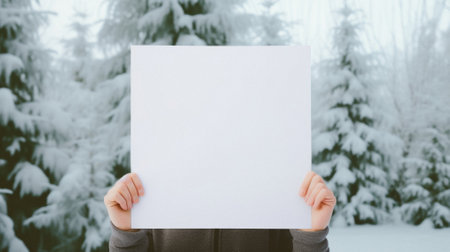 Woman holding a white sheet of paper in front of her face. Winter forest background.の素材
