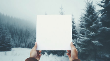 Mockup image of female hands holding blank paper against snowy landscape.の素材