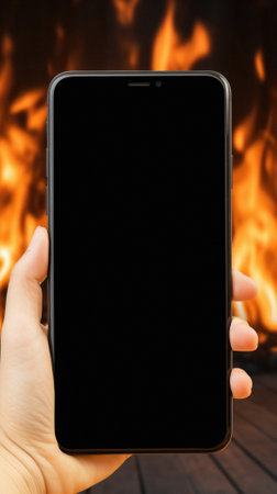 Hand holding a smartphone with a black screen on the background of the fire.の素材