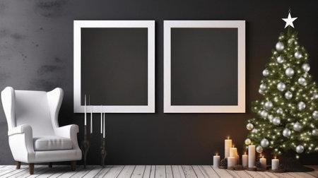 Mock up poster frame in modern living room with Christmas tree and armchair.の素材
