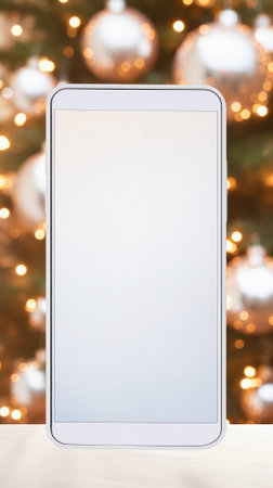 Mock up tablet pc with blank screen on blurred christmas tree background.の素材