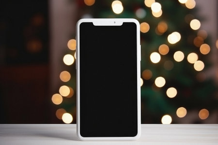 Smartphone with blank screen on table in front of blurred Christmas tree.の素材