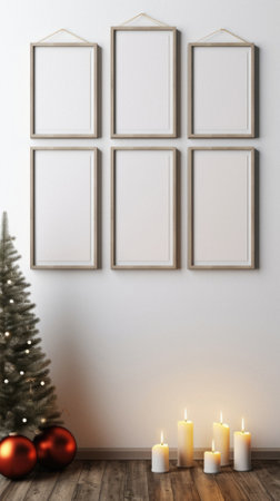 Christmas tree with three blank frames on the wall.の素材