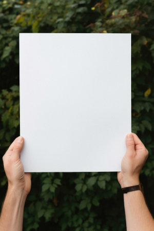 Hands holding blank white sheet of paper on green background. Mockup.の素材