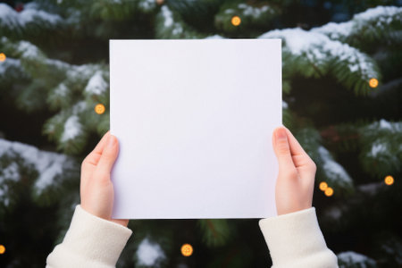 Close-up of female hands holding blank paper against christmas tree.の素材
