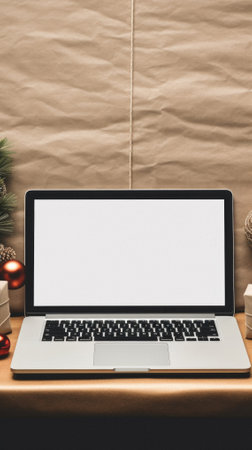 Mockup image of laptop with blank white screen on christmas decorations background.の素材