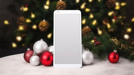 White smart phone with christmas decorations on the background of a Christmas tree.の素材