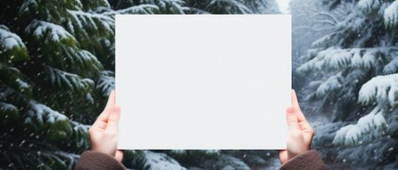 Mockup of a white sheet of paper in the hands of a woman against the background of a snowy forest.の素材