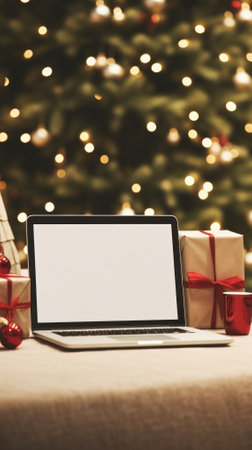Mockup of laptop with blank screen on table with christmas tree background.の素材