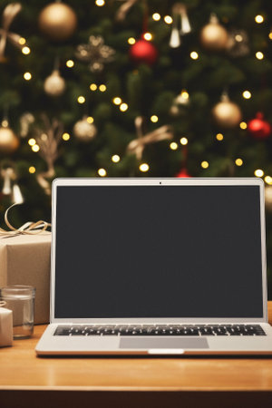 Laptop with blank screen on table in front of christmas tree.の素材