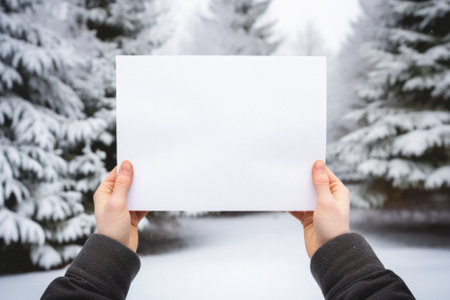 Hands holding a white sheet of paper against snowy landscape with fir trees.の素材