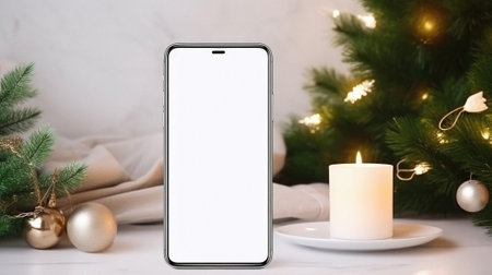 Mockup smartphone with blank screen on white table near christmas tree.の素材