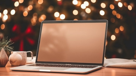 Mockup image of laptop with blank screen on wooden table against blurred christmas lights background.の素材
