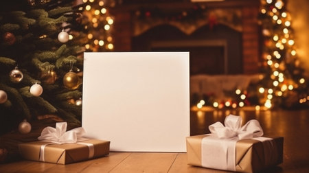 Blank white card with christmas tree and gifts on wooden floor.の素材