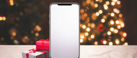 Smartphone with blank screen and gift box on table against defocused christmas lights.の素材