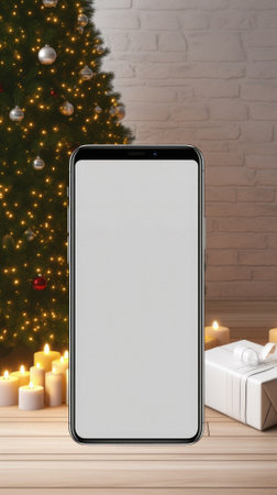Smartphone with white screen on wooden table in front of christmas tree.の素材