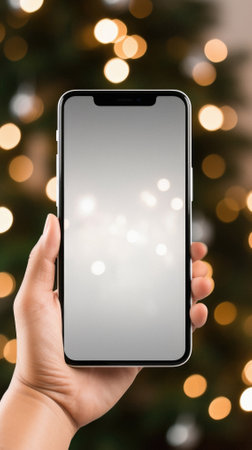 Hand holding smartphone with bokeh lights on background. Christmas concept.の素材