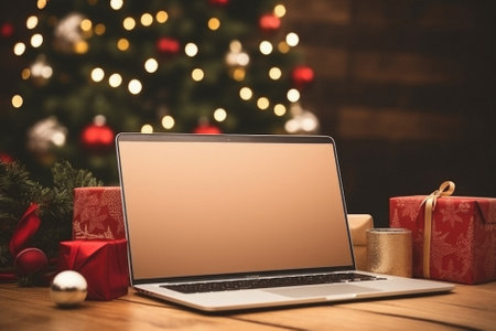Laptop with blank screen on wooden table in front of christmas tree.の素材