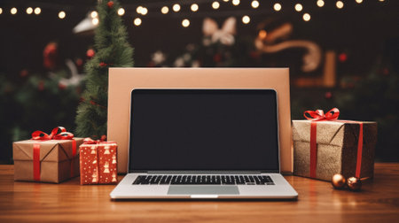 Laptop with blank screen on wooden table with christmas gifts background.の素材