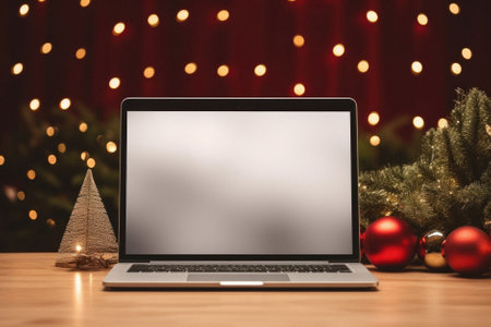 Laptop with blank screen on wooden table with christmas tree and lights background.の素材