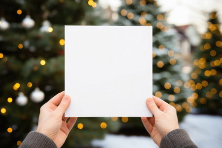 Holidays, christmas, winter and people concept - close up of woman hands holding blank paper sheet over christmas tree background.の素材