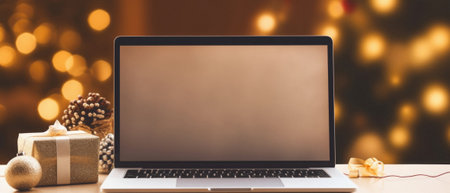 Laptop with blank screen and Christmas gifts on background bokeh.の素材