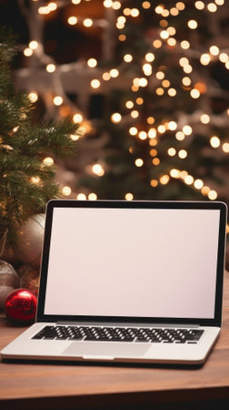 Mockup laptop with blank screen and christmas tree on background.の素材