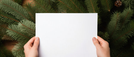 Cropped shot of woman holding blank paper near christmas tree branches.の素材