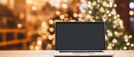 Laptop with blank screen on wooden table in front of christmas tree.の素材