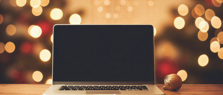 Laptop with blank screen on wooden table against defocused christmas lights.の素材