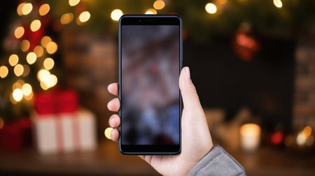 Hand holding a smartphone in front of christmas tree with lights on background.の素材