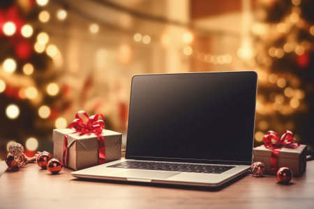 Mockup laptop with blank screen on wooden table in front of christmas tree.の素材