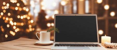 Laptop with blank screen and coffee cup on wooden table in front of christmas tree.の素材