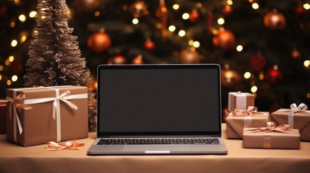 Laptop with blank screen on table in front of christmas tree.の素材
