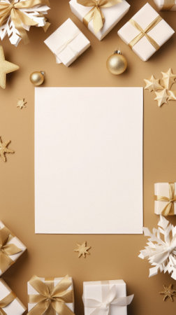 Christmas greeting card mockup with decorations, gift boxes and snowflakes on brown background. Flat lay, top view, copy space.の素材