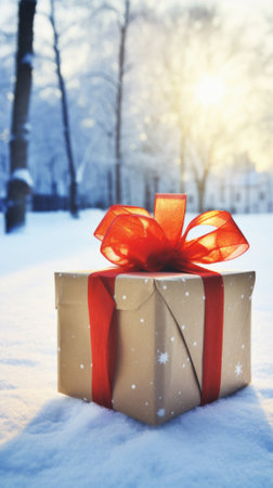 Gift box with red ribbon on snow in winter park. Christmas background.の素材