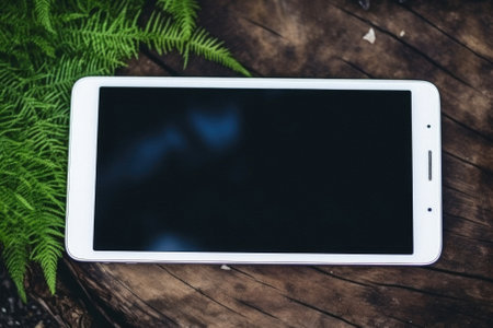 Tablet pc with blank screen on the wooden table in the garden.の素材