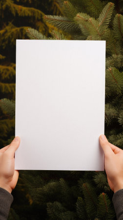 Hands holding a blank sheet of paper in front of a Christmas tree.の素材
