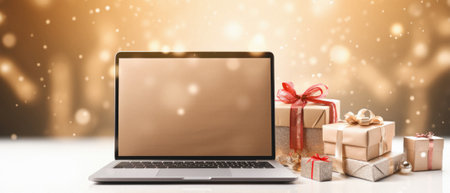 Laptop with blank screen and christmas gifts on bokeh background.の素材