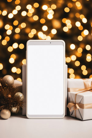 Smartphone with blank screen and gift boxes on blurred christmas lights background.の素材