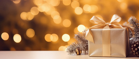 Christmas background with golden gift box and fir tree branches on bokeh background.の素材