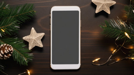 Smartphone with blank screen and christmas decoration on wooden background.の素材