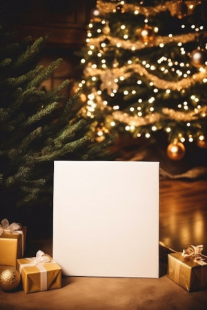 Blank card on christmas tree background with bokeh lights.の素材