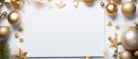 Christmas greeting card mockup with golden baubles on white background.の素材