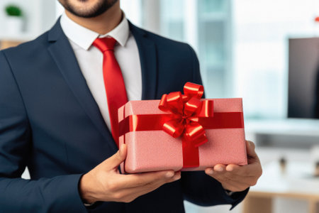 Cropped view of businessman holding gift box with red ribbon in office.の素材