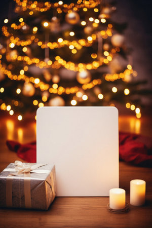 Blank card and gift box on wooden table in front of christmas tree.の素材
