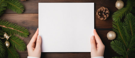 Christmas card mockup. Top view of female hands holding blank paper on wooden background.の素材